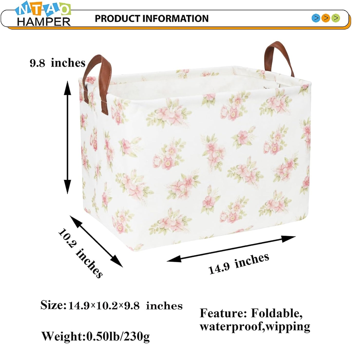 NTAOHAMPER Rectangular Pink Flower Basket for Girls, Storage Bin with Handles, Room Decor, Gift Basket(Pink Flower)