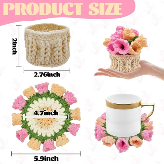 Crochet Coasters with Knitted Flowers: Completed Bar Coaster Flower Pot for Office Coffee Table Home Decor (Pink Lily of The Valley)