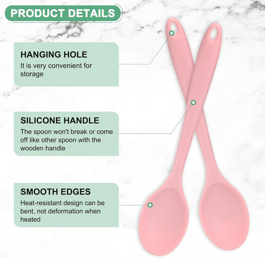 M METERXITY 2-Pack Silicone Cooking Spoons, 10.6" Mixing Nonstick Heat-Resistant Serving Spoons, Solid Utensils, Pink
