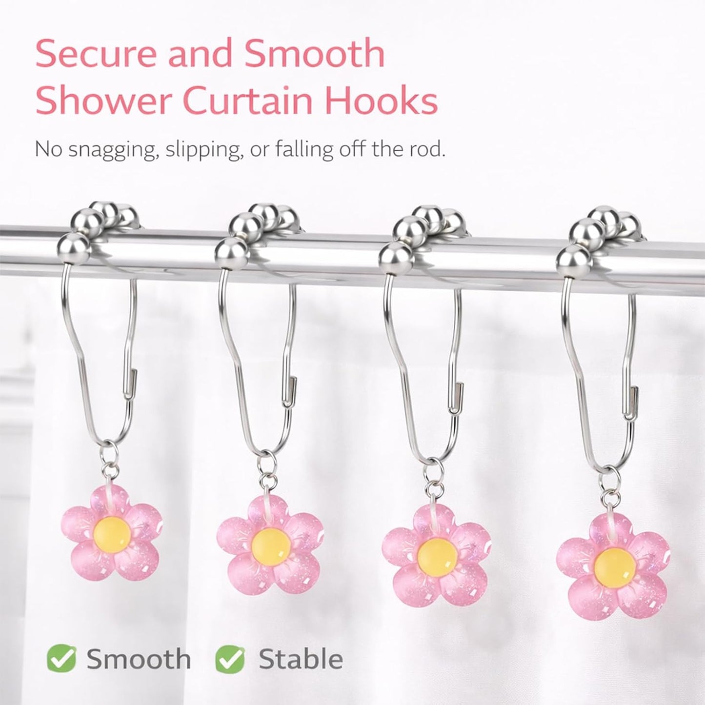 12 Pcs Pink Bow Shower Curtain Hooks, Decorative Shower Curtain Rings Rust Proof, Cute Aesthetic Bathroom Curtain Hooks for Girls, Teens & Women (Light Pink Flower)