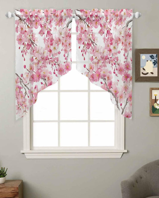 Spring Peach Flowers Swag Valances for Windows, Pink Floral Leaves Branch Rod Pocket Sheer Valances for Small Windows, Botanical Swag Toppers Light Filtering for Kitchen Living Room 2 Panels 36''x36''