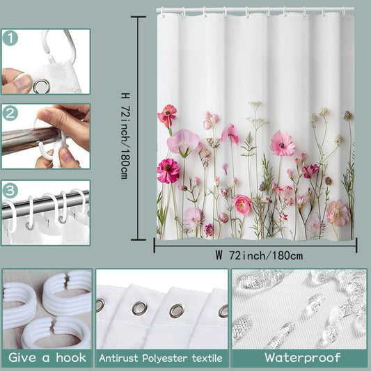 Floral Shower Curtain, Fabric Cloth Shower Curtains for Bathroom Farmhouse Decor, Colorful Shower Curtain with 12 Hooks and 1 Hanging Cord, 72" x 72", Pink Flowers