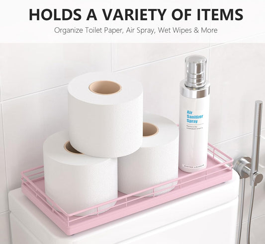 Toilet Paper Basket Organizer โ Oak Wood Toilet Tank Tray with Metal Frame, Bathroom Counter Top Storage for Toilet Paper, Wipes & Decor, Modern Narrow Back of Tank Shelf Organizer, Pink