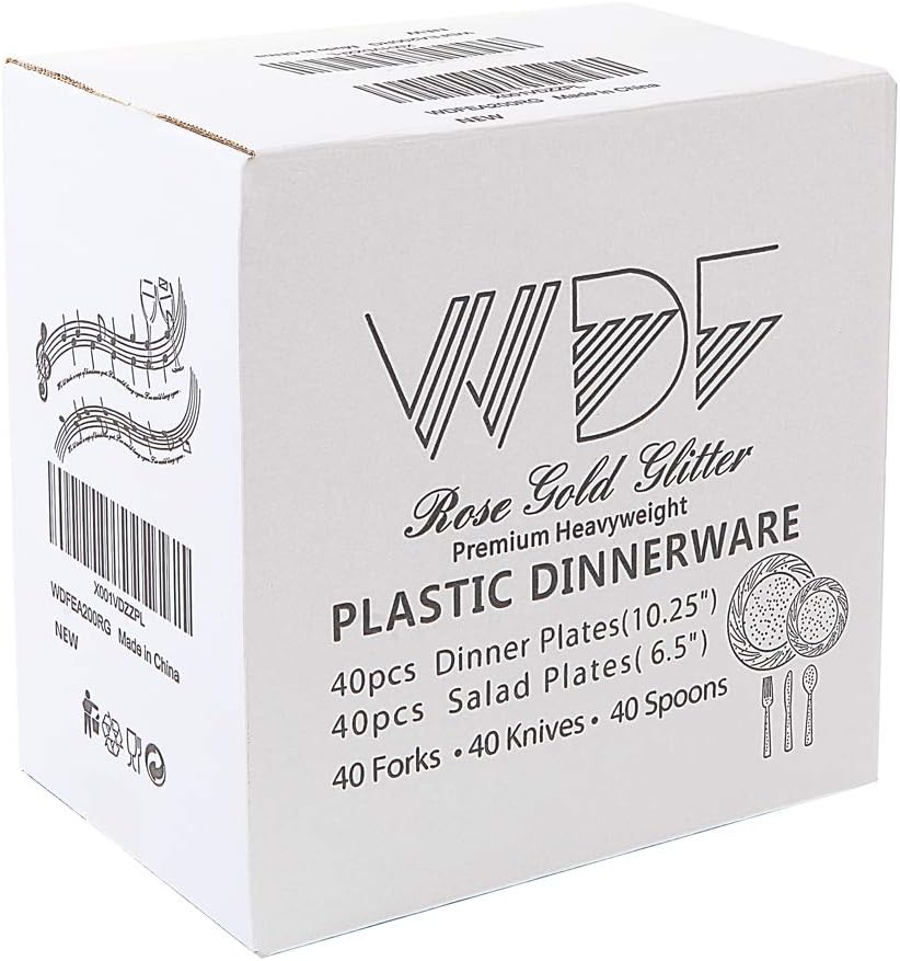 WDF Rose Gold Pink Plastic Plates with Pink Plastic Silverware include 40 Dinner & Salad Plates, 40Forks, 40 Knives, 40 Spoons for Party Baby Shower Wedding Spring