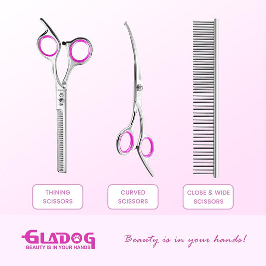GLADOG Professional 4 in 1 Dog Grooming Scissors Set with Safety Round Tips, Sharp and Heavy-duty Pet Grooming Shears for Cats (Pink)