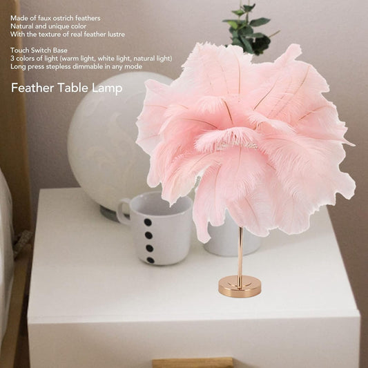 BestAlice Feather Lamp, Touch Switch Ostrich Feather Lamp, LED Decorative Atmosphere Light with Feathers, USB Type C Plug 3 Color Dimming Modern Decorative Bedside Light for Bedroom(Pink)