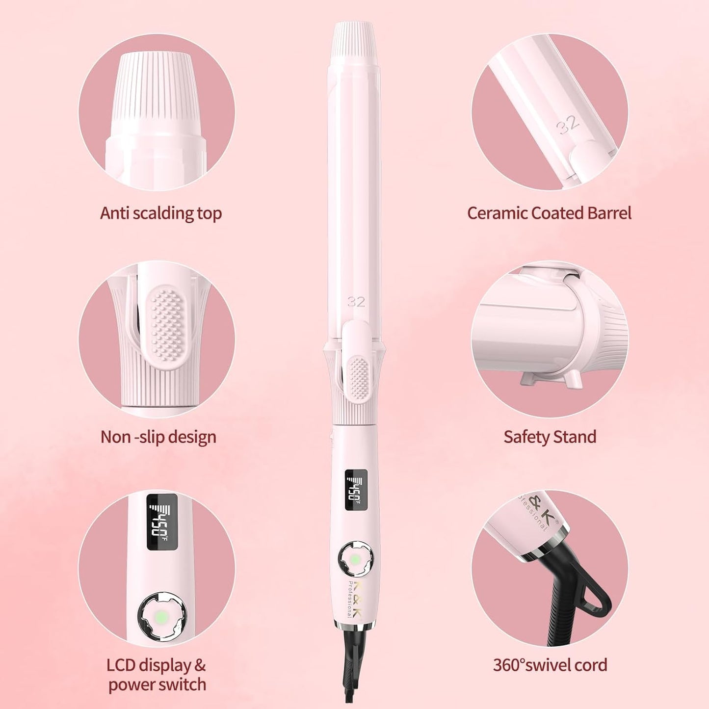 1 1/5 Inch Curling Iron with Clipped Tourmaline Ceramic Barrel Professional 1.25 Inch Hair Curler up to 450°F Dual Voltage for Traveling 60 Mins Auto Off Suit for Different (Pink, 1.25 Inch)