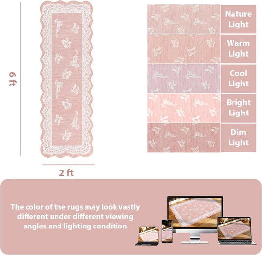 ORTIGIA Pink Scalloped Runner Rug 2x6, Washable Low Pile Non Slip Bathroom Rug with Bow for Hallway Bath Kitchen Bedroom Dorm Living Room Home Indoor Decor