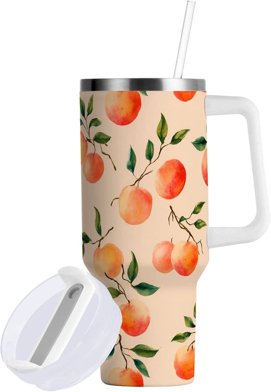ALAZA 30 oz Peach Leaves Pattern Tumbler with Handle and Straw Lid