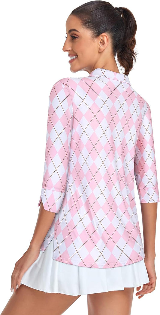 Viracy Women's Golf Shirts 3/4 Sleeve Sun Protection Quarter Zip with Zipper Pockets Athletic Polo Workout Tops S-2XL