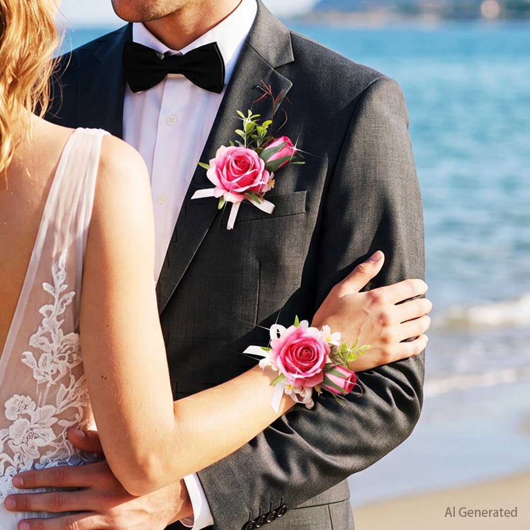 Campsis Corsage Boutonniere Set, Groomsmen Buttonholes, Pink Wrist Corsage for Women