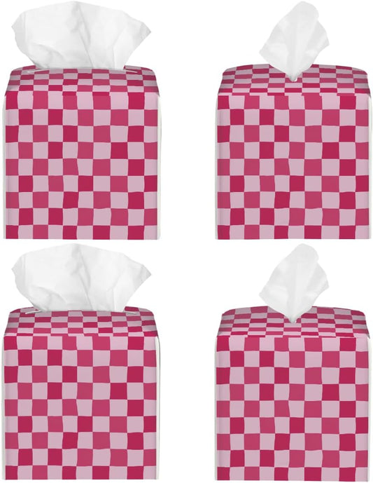 Pink Checkerboard Pattern Tissue Box Cover Leather Tissue Box Case Holder Decorative Facial Paper Organizer for Car Bathroom Tabletop