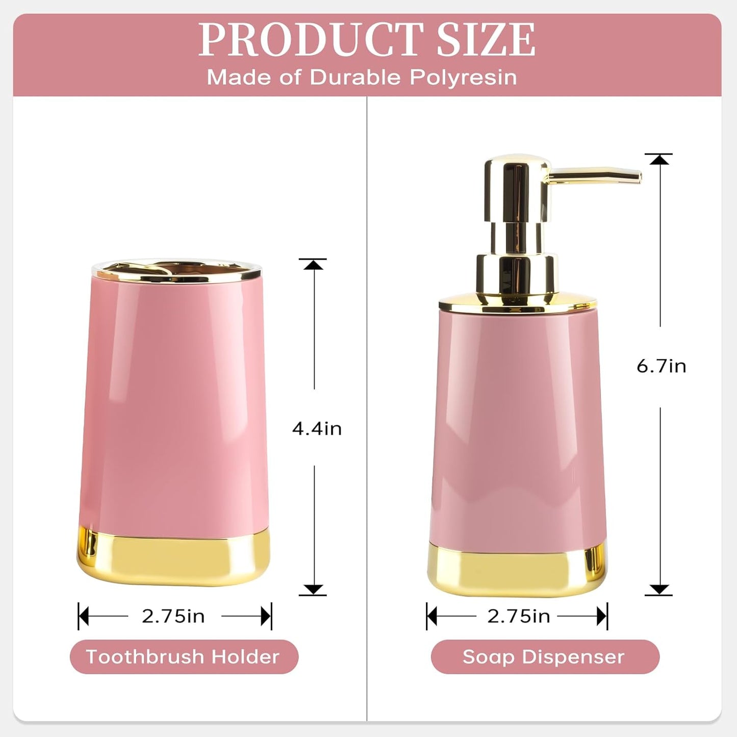 Bathroom Accessories Set, 2Piece Pink and Gold Bathroom Accessories Include Soap Dispenser and Toothbrush Holder for Modern Bathroom Decor