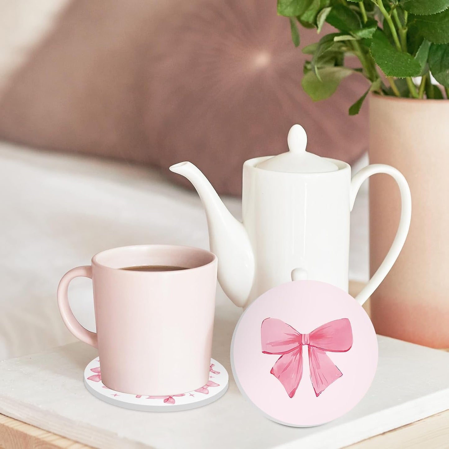 FYSUIMU 4Pcs Pink Bow Coasters Cute Coquette Bowknots Ceramic Drink Coasters Absorbent Bow Cherries Cup Mat for Mother's Day Valentines Baby Shower Birthday Home Kitchen Office Party Table Decor