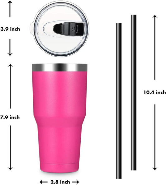 30oz Stainless Steel Tumbler, Insulated Coffee Tumbler Cup with Lid and Straw, Double Walled Travel Coffee Mug for Hot & Cold Drinks (Bright Pink, 1 Pack)