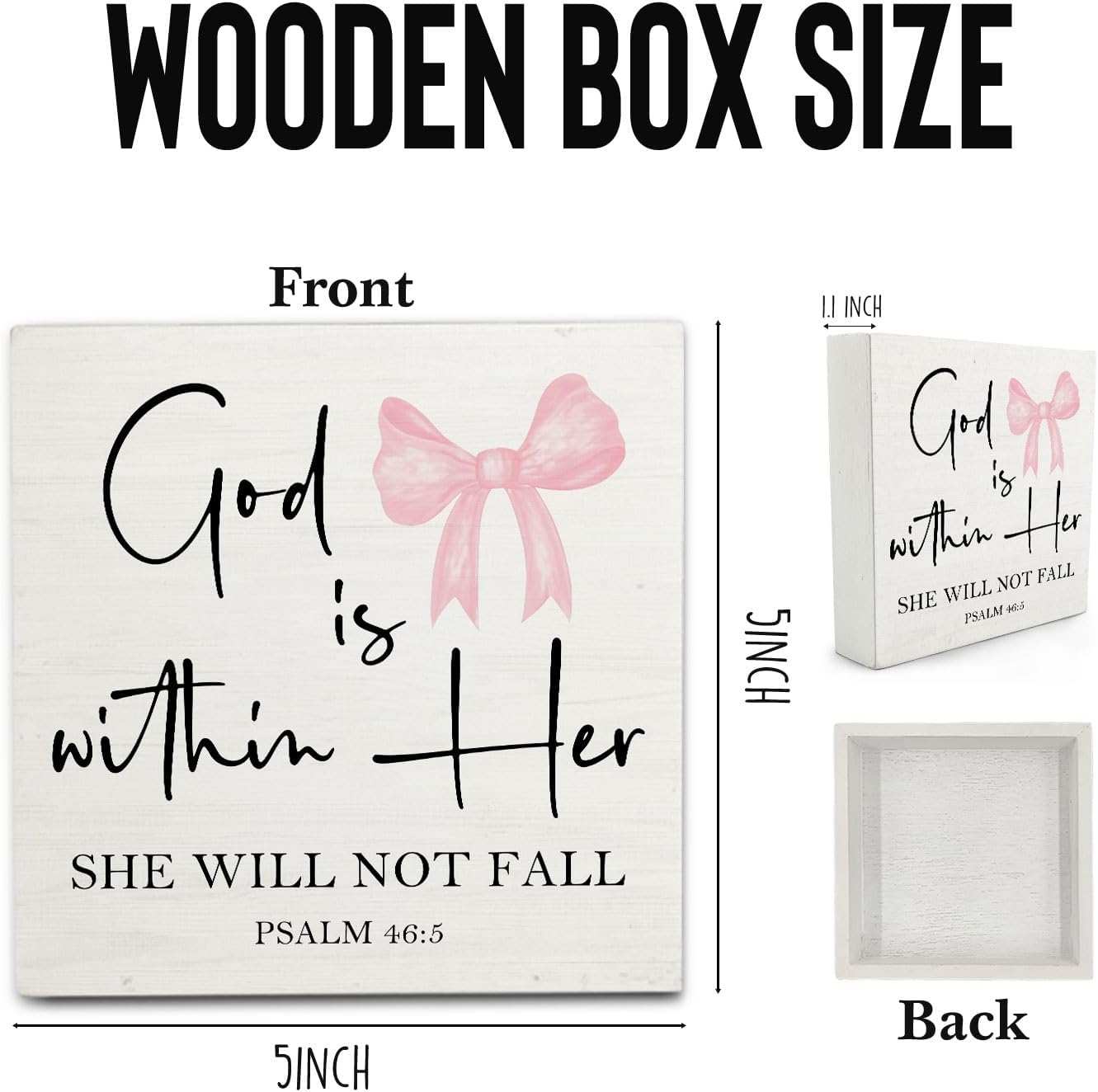 Pink Coquette Christian Bow Wooden Signs,Bible Verse Pink Bow Wooden Box Sign,Coquette Room Decor,God Is Within Her Decor For Wedding Desk Tabletop Shelf Decoration 5x5 Inches