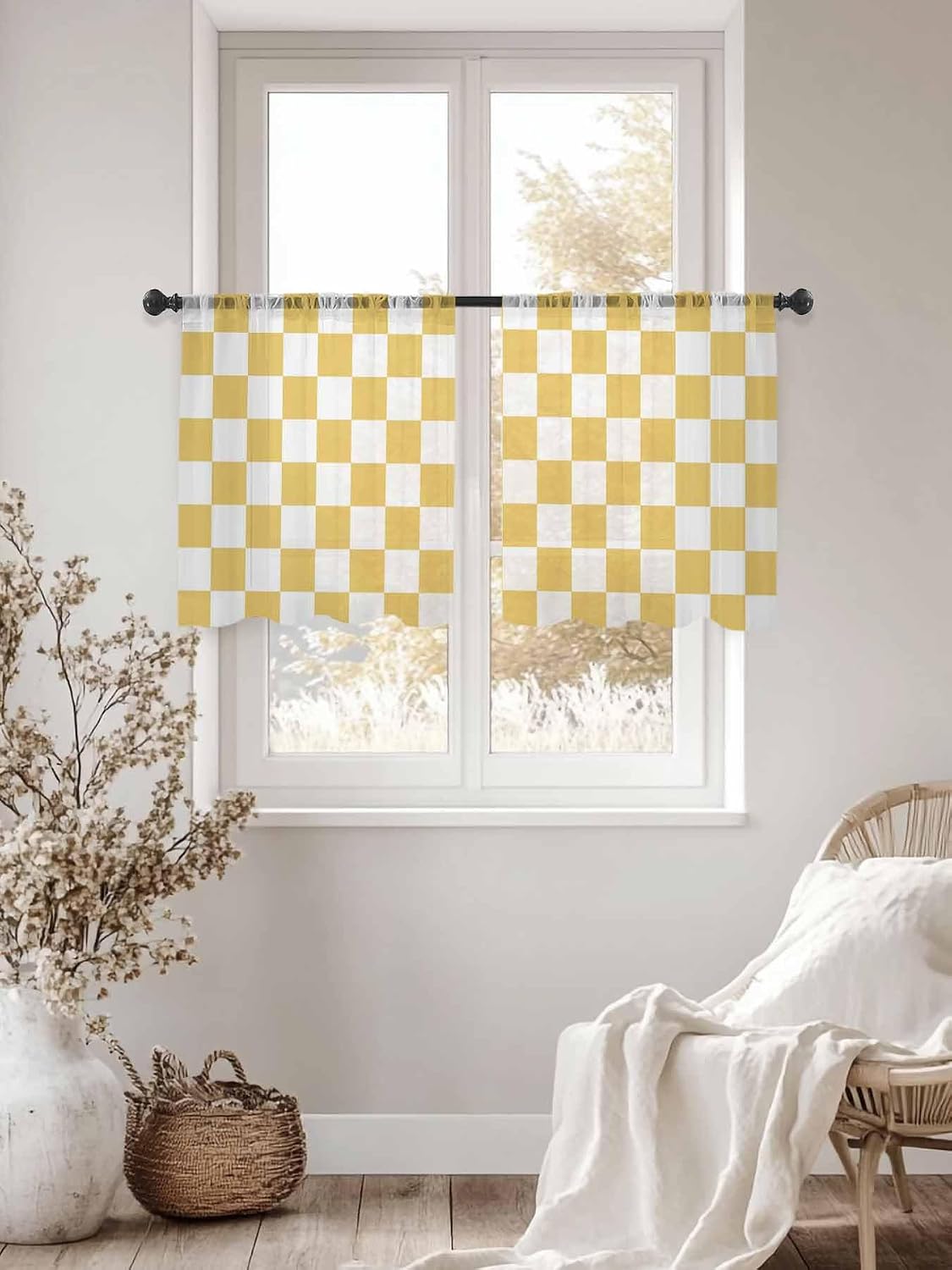Lemon Yellow Checkered Sheer Curtains for Living Room Bedroom Geometric Yellow Buffalo Plaid Sheer Curtains 45 Inch Long 2 Panels Set Light Filtering Curtain Window Treatments Drapes for Dining Room