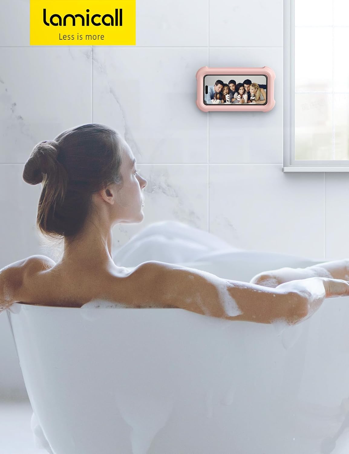 Lamicall Waterproof Shower Phone Holder - Shower Bathroom Bath Cellphone Accessories for Women Girls, Christmas iPhone Accessories Case Wall Mount Stand, Gift Gadget for 4-7" Phones, Pink