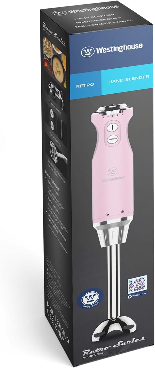 Westinghouse Hand Blender - 5-Speed Immersion Blender with Turbo Function, Stainless Steel Blades & Rod, 500W Power, Detachable Easy Clean Design, Best for Smoothies & Soups - Retro Appliance, Pink