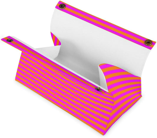 Pink and Orange Stripe Pattern Tissue Box Cover PU Leather Facial Tissue Dispenser Boxs for Office Car & Bathroom