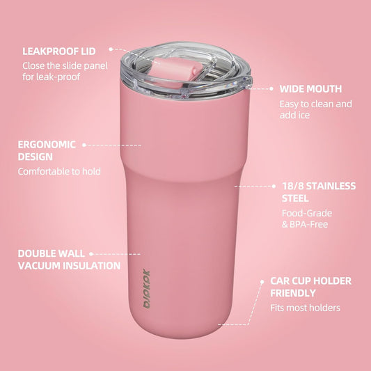 BJPKPK Insulated Tumbler with Lid,24oz Stainless Steel Tumbler,Double Wall Travel Coffee Mug Thermal cup,Keep Drinks Cold and Hot,Pink