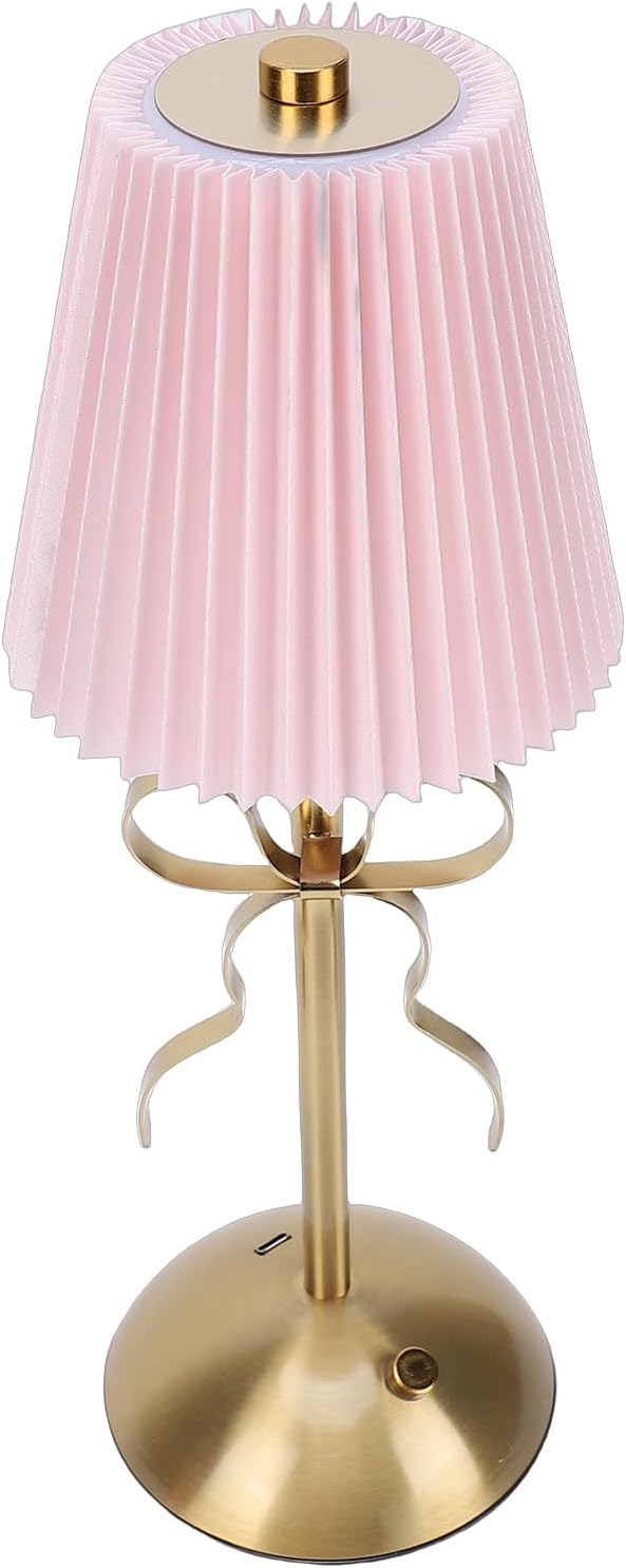 Cordless Table Lamp, 13 Inch Bow Table Lamp, Small Desk Lamp with Fabric Shade, Modern Decorative Bedside Light Small Princess Desk Lighting for Girls Room Princess Room Bedrooms (Pink)