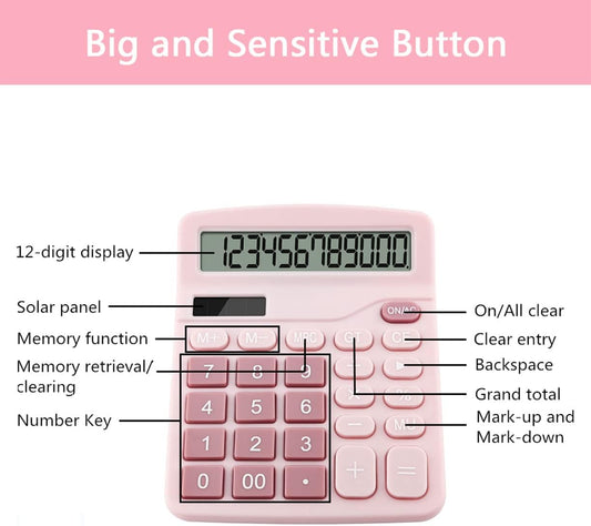 Office Calculators Desktop, 12-Digit Dual Power Cute Calculator with Large LCD Display Big Button for Office Home and School (Pink)