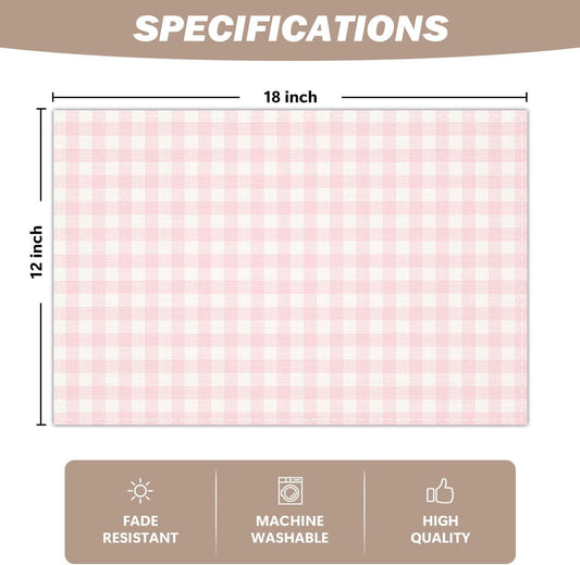 Pink and White Gingham Linen Placemats Set of 4, Waterproof Washable Heat Resistant Place Mats 12x18 Inch, Table Mat for Restaurant Outdoor Indoor Home Kitchen Party Dining Decoration-16