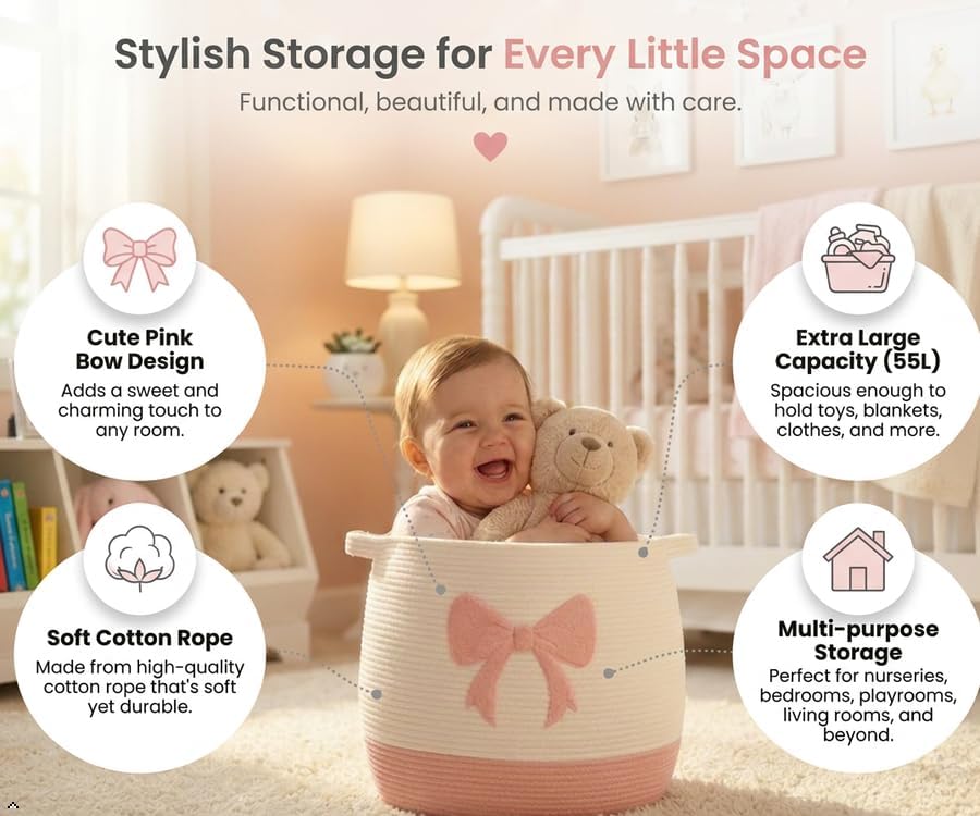 Baby Laundry Basket, Toy Storage Basket for Kids, Large Nursery Storage Basket with Pink Bow Design, Cotton Rope Organizer Bin with Handles for Toys, Blankets, Clothes and Baby Essentials