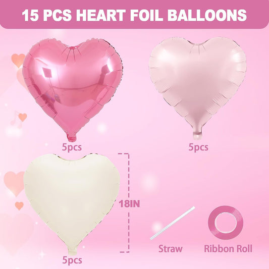 Pink and White Balloons - Pack of 15 - Heart Shaped Foil Balloons for Valentines Day Wedding Birthday Bridal Shower Baby Shower Decorations