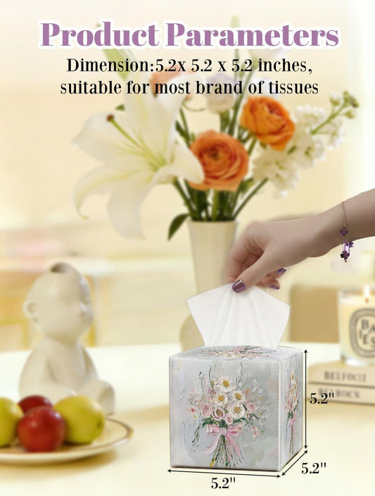 Vintage Pink Bow Flower Bouquet Napkin Tissue Box Cover, Waterproof Leather Paper Organizer Dispenser, Vintage Oil Painting Pink Decor for Table, Bathroom, Bedroom, Kitchen, Housewarming Gift Idea, L