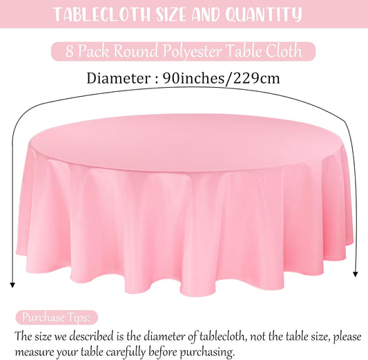Fivenl 8 Pack Premium Round Tablecloth 90 Inch Pink Round Table Covers Bulk Washable Polyester Fabric Round Table Clothes for Wedding Party Reception Banquet Buffet Restaurant (Pink, 90 Inch)