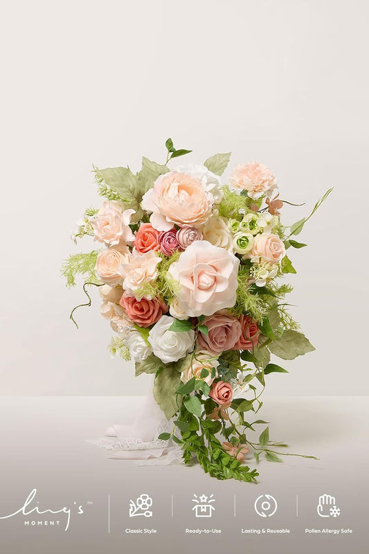 Ling's moment Wedding Artificial Flowers Package, Bridal Bouquet, Bridesmaid Bouquets, Boutonniere for Men, Rose Petals.Peach Smoothie Blush