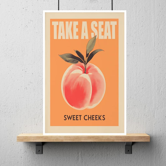 Funny Take A Seat Sweet Cheeks Painting Print Pink Peach Bathroom Canvas Wall Art Vintage Food Fruit Posters Humorous Farmhouse Sign Minimalist Decor Picture for Home Restroom 12x16inch Unframed