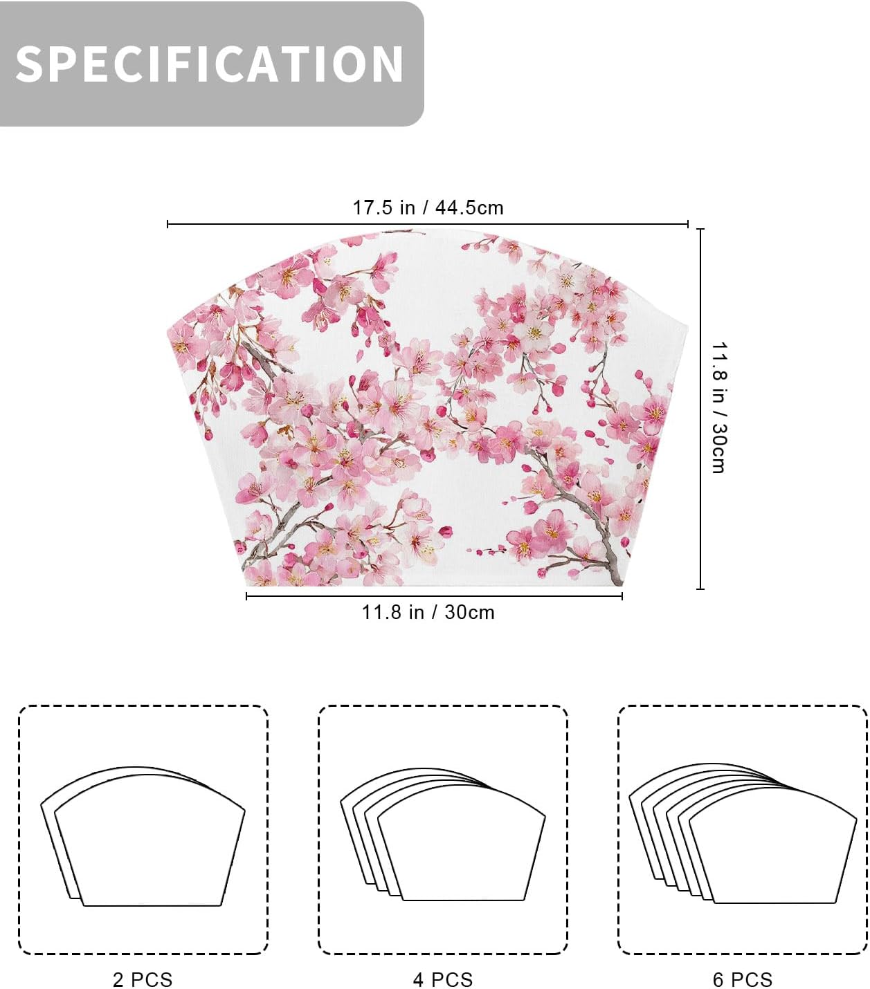Round Table Placemats Set of 4, Spring Pink Blossom Peach Wedge Table Mat Washable Placemat, Watercolor Flower Tree Branch Fan Shape Place Mats for Kitchen Indoor Outdoor