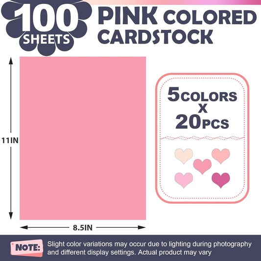 100 Sheets 8.5" x 11" Colored Cardstock, 5 Assorted Pink Shades of 180GSM/65LB Construction Paper, Pink Cardstock Printer paper for Card Making, DIY Crafts, School Supplies, Party Decorations
