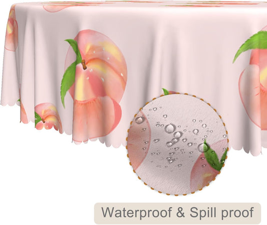Cute Peach Round Tablecloth 70 Inch Summer Sweet Pink Peach with Green Leaves Print Circular Table Cover Waterproof Table Cloth for Dining Room Kitchen Patio Indoor Outdoor Party Supplies