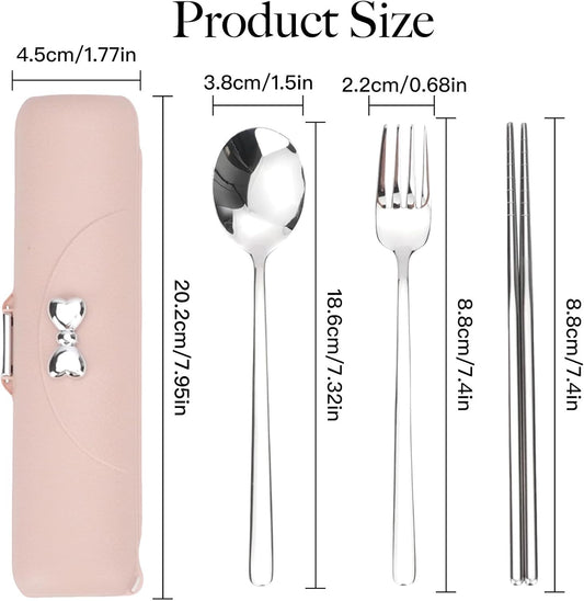 Travel Utensils with Case, Reusable Silverware Set for Lunch Box,Portable Cute Cutlery Set Adult, 18/8 Stainless Steel Spoon Fork Chopsticks for Work, Camping, Picnic, Dishwasher Safe(Pink)