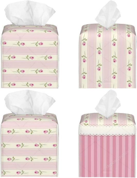 Pink Floral Striped Square Leather Tissue Box Cover - Premium Decorative Organizer with Non-Slip Base for Bathroom Vanity, Nightstand & Countertop