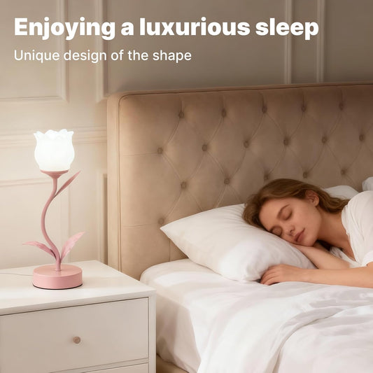 Tulip lamp, 3-color mode LED reading bedside night light, Kawaii retro flower table lamp, perfect home decoration, providing a unique Christmas gift for women, mothers, sisters and friends (pink)