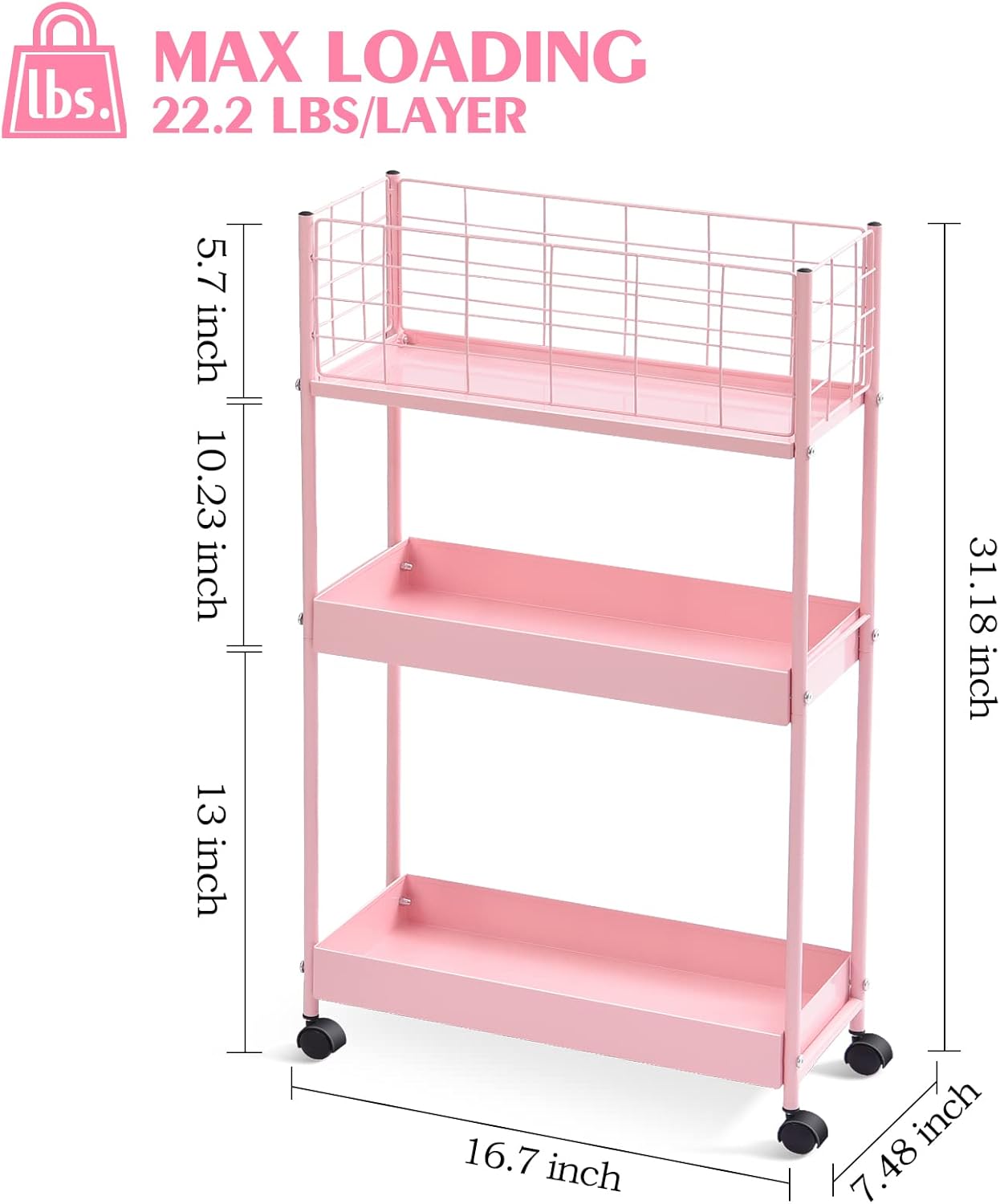 KINGRACK Slim Rolling Storage Cart 3 Tier - Heavy Duty Metal Utility Cart with Raised Edge & Wheels, Narrow Small Mobile Organizer Shelves for Bathroom, Kitchen, Laundry, Office, Living Room, Pink