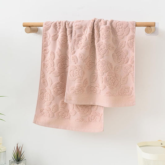 YiLUOMO Pink Rose Hand Towel Set of 2 Super Soft 100% Cotton Embossed Floral Pattern Highly Absorbent Decorations Bath Hand Towels for Bathroom 13x 29 Inch