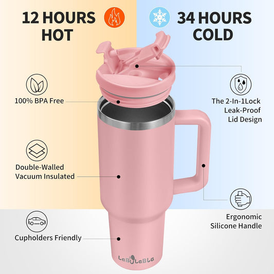 Labulabla 40oz Tumbler with Handle,Double Wall Vacuum Reusable Stainless Steel Insulated Water Bottle,With Leak Proof lid and Straw for Iced or Cold Beverages (light pink)