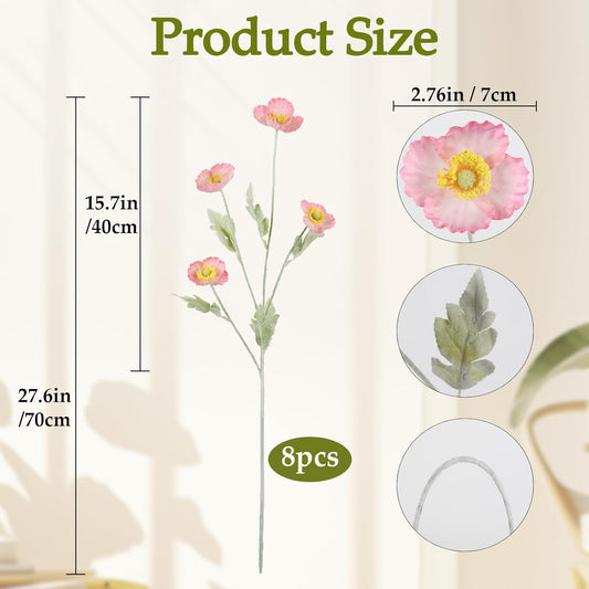 32 Heads Pink Poppy Flowers Artificial 8PCS Silk Flowers Faux Poppies with Stems for Floral Arrangements Home Wedding Dining Table Party Garden Decoration (Pink)