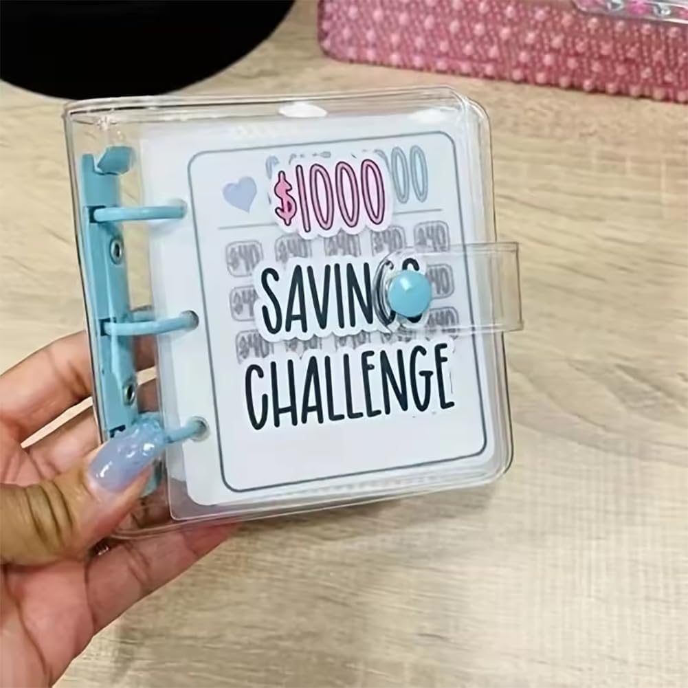 Dreamplay Mini Money Saving Binder, $1000 Money Saving Challenge Book Budget Binder with Envelopes Portable Deposit Anytime Anywhere (Pink)
