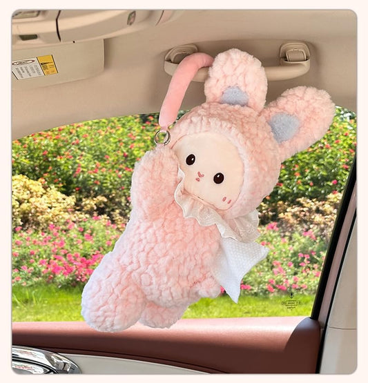 Car Tissue Holder Plush Animal Paper Towel Box Cute Rabbit Hanging Backseat Organizer for Cars Adorable Decorative Tissue Dispenser (Pink Rabbit)