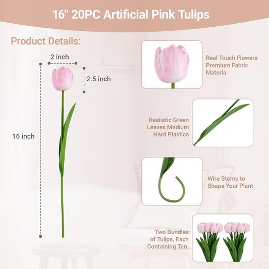 16 inch Fake Tulips Artificial Flowers, 20PCS Real Touch Fakes Tulip Plants for Bridesmaid Bouquet and Wedding Ceremony Festivals Anniversary Bridal Rehearsal Party Bar Table Decor-Pink