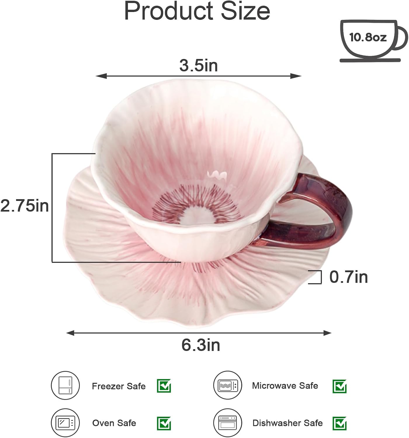Ceramic Coffee Mug with Saucer Set, 10 Oz Flower Coffee Mug Tea Cup Set for Women, Floral Coffee Latte Mug, Porcelain Fancy Teaware for Birthday Wedding Mother's Day Gift Party (Pink)
