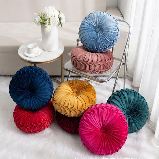MOCOFO Round Velvet Throw Pillow, Pumpkin Shape Decorative Floor Cushion, Handcrafted Pleated Design, 14 and 16 Inch Diameter, Multiple Colors, Polyester Fill (Light Pink, 14")
