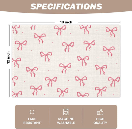 Pink Bow Linen Placemats Set of 4, Cute Waterproof Washable Heat Resistant Place Mats 12x18 Inch, Table Mat for Bridal Shower Wedding Outdoor Indoor Home Kitchen Birthday Party Dining Decoration-13